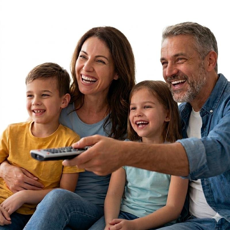 Familie nutzt IPTV Germany mit Smart TV und IPTV alle Sender im Wohnzimmer